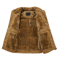 Khaki Cordjacke mit braunem Kunstfellfutter, Herrenmode, Winterjacke, warm und stilvoll.