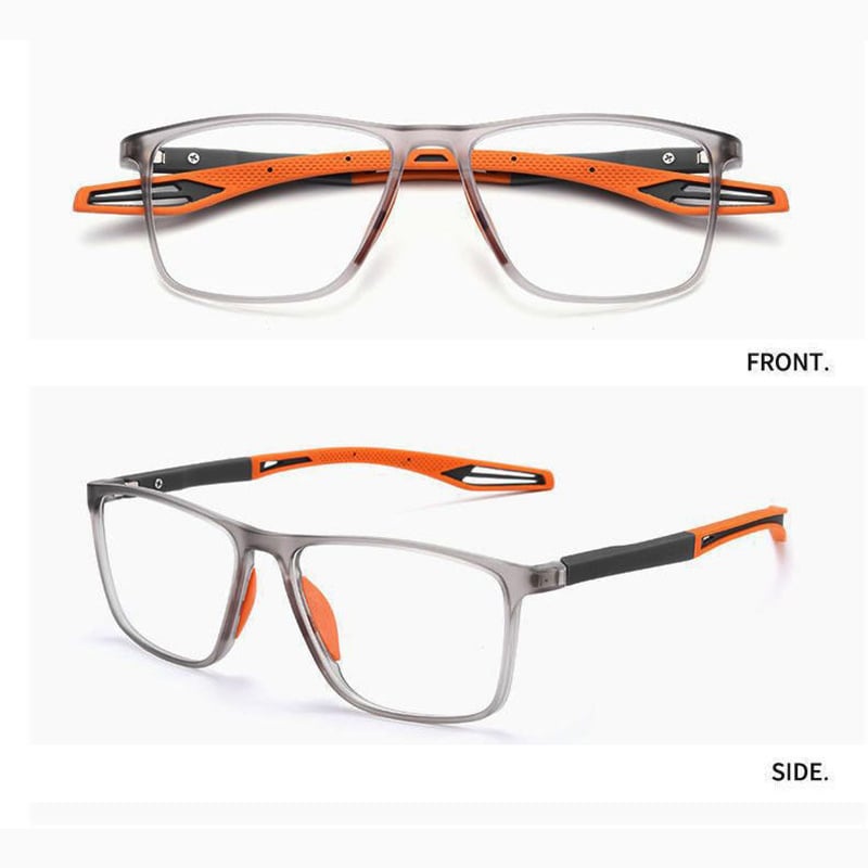Zwei Ansichten der Brille mit transparent grauem Rahmen und orangefarbenen Bügeln: oben frontal, unten von der Seite. 10