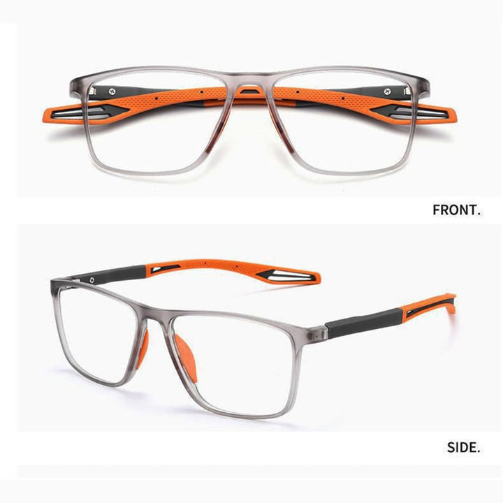 Zwei Ansichten der Brille mit transparent grauem Rahmen und orangefarbenen Bügeln: oben frontal, unten von der Seite. 10