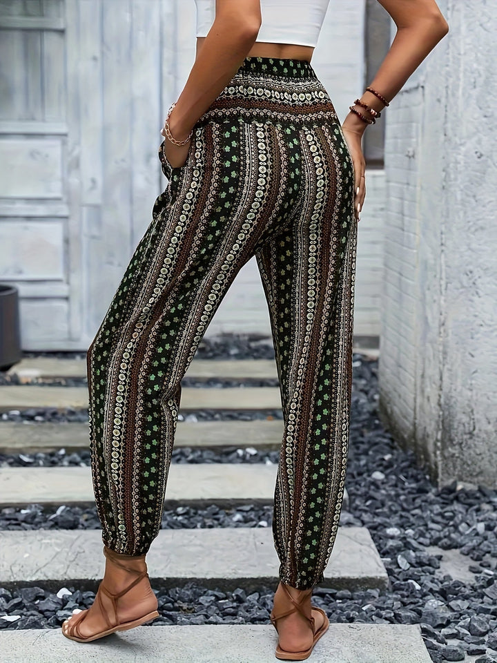 Boho High-Waist Women's Pants with Print & Smocked Waist – Linara
