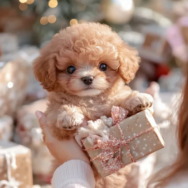 Hellbraunes, lockiges Plüschwelpchen wird hochgehalten und hat die Pfoten auf einem goldenen Geschenk mit rosa Glitzerschleife. 3