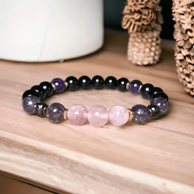 Pulsera de cuentas de 8 mm de cuarzo rosa, obsidiana y amatista - Aurora