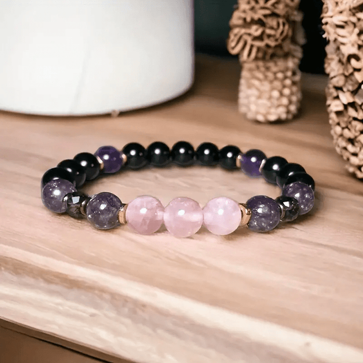 Pulsera de cuentas de 8 mm de cuarzo rosa, obsidiana y amatista - Aurora