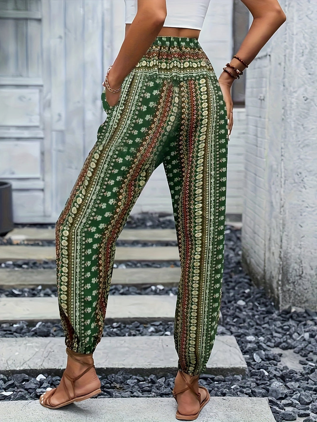 Boho High-Waist Women's Pants with Print & Smocked Waist – Linara