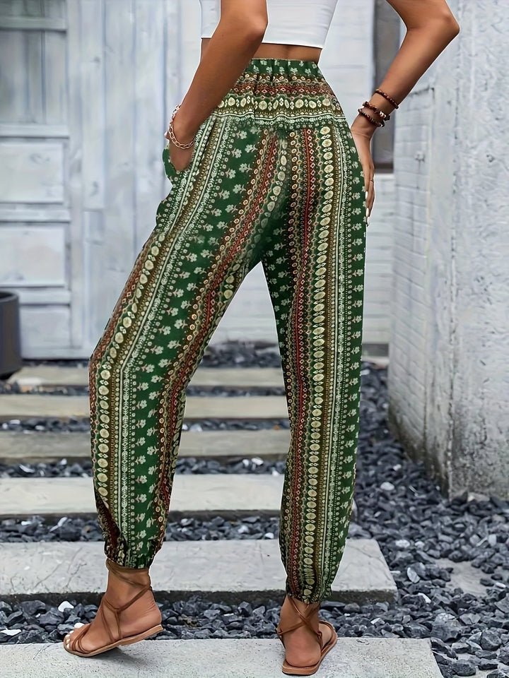 Boho High-Waist Women's Pants with Print & Smocked Waist – Linara