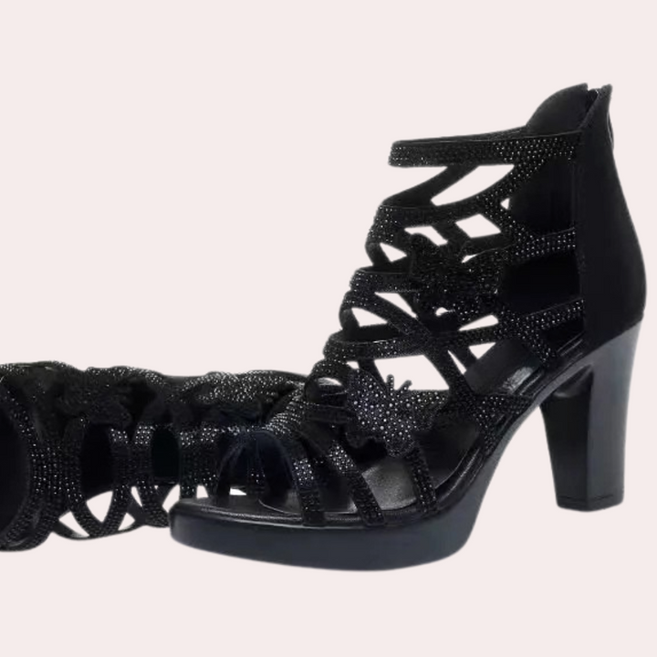 Schwarze Damen-High-Heels mit Strass, elegantes Design, ideal für Abendveranstaltungen.
