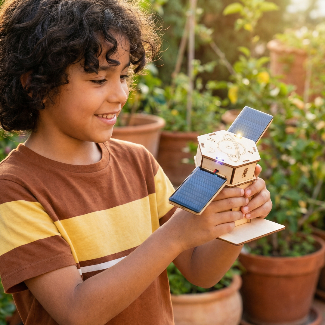 Lächelnder Junge hält im Garten einen hölzernen Satelliten mit zwei Solarpaneelen und leuchtenden LEDs in den Händen. 4