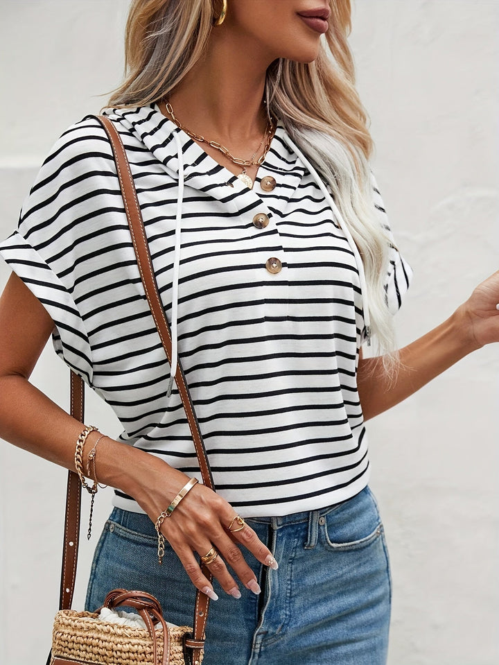 Striped women's hoodie with short sleeves and button closure – Romy