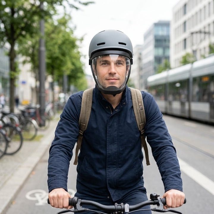 Mann mit Fahrradhelm und Rucksack fährt auf einer Stadtstraße und trägt die klare Vollgesichtsmaske unter dem Helm. 4