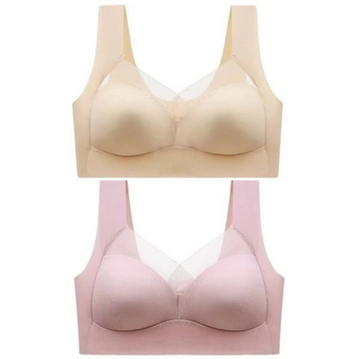 Zwei nahtlose BHs im Set, oben in Beige, unten in Rosa, mit Netzeinsatz im Ausschnitt, freigestellt. 7