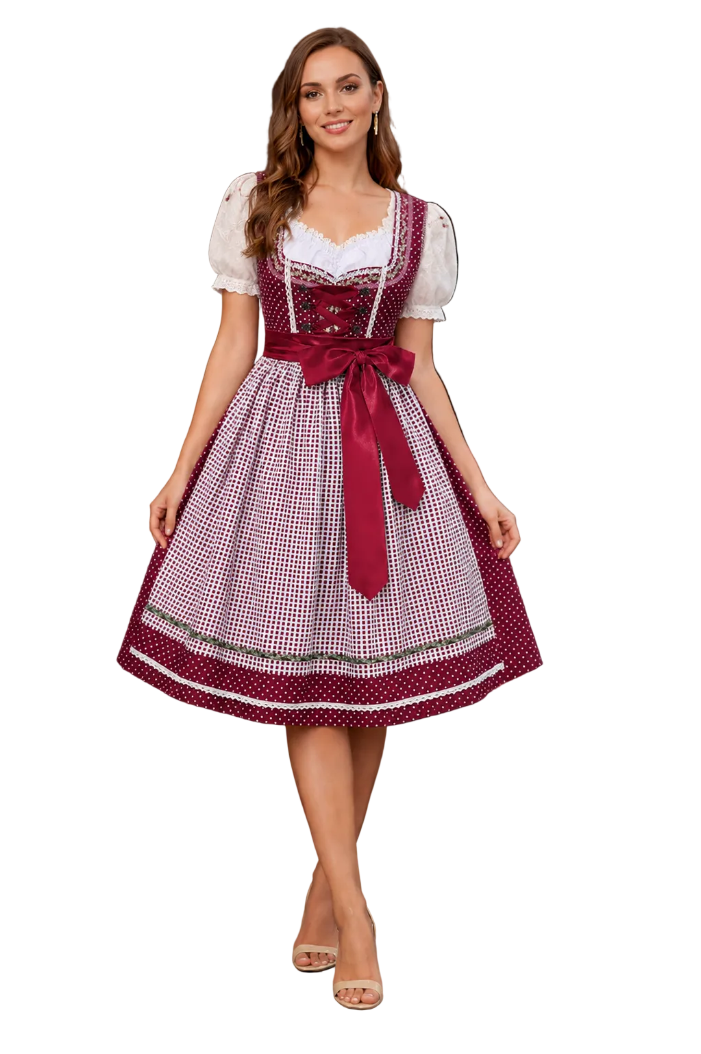 Frau in weinrotem Dirndl mit weißen Punkten, kariert gemusterter Schürze, roter Satinschleife und weißer Puffärmelbluse, Vorderansicht in ganzer Figur. 1