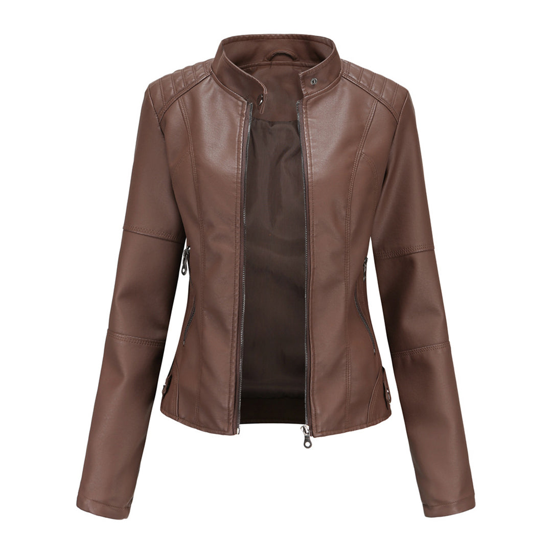 Braune Damen-Lederjacke mit Reißverschluss, modisch, elegant, Herbstmode, Oberbekleidung.