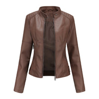 Braune Damen-Lederjacke mit Reißverschluss, modisch, elegant, Herbstmode, Oberbekleidung.