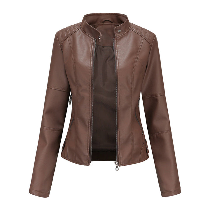 Braune Damen-Lederjacke mit Reißverschluss, modisch, elegant, Herbstmode, Oberbekleidung.