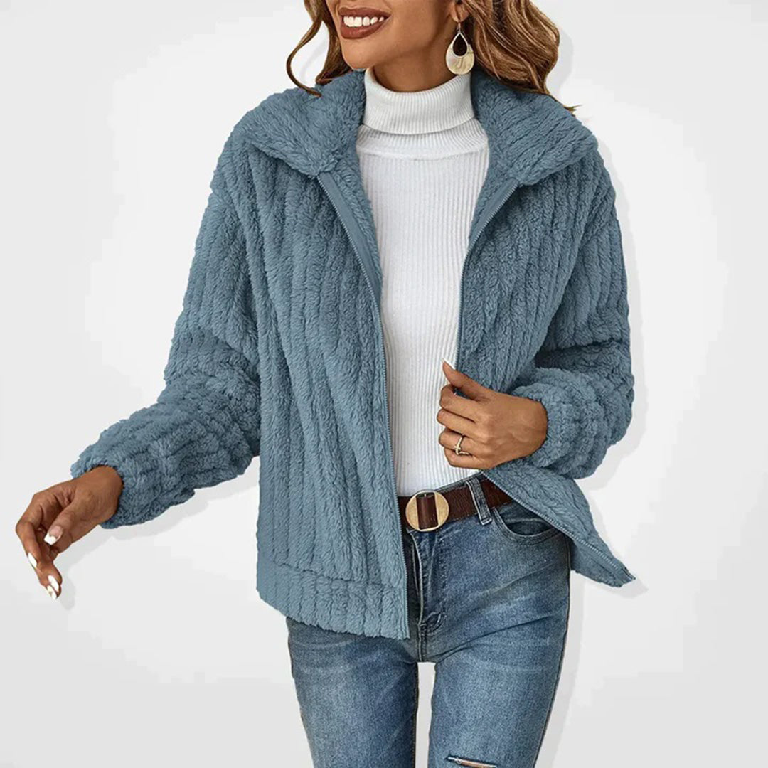 Damen Langfleecejacke blau, warm, modisch, Herbst-Winter, Freizeitkleidung, weiches Material.