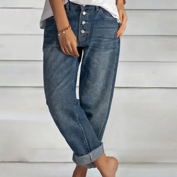 Damen Boyfriend-Jeans, blau, Knopfleiste, lässig, Baumwolle, modisch, bequem, Freizeitmode.