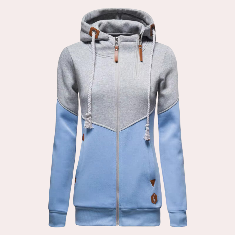 Grauer und blauer Damen-Hoodie mit Reißverschluss, Kapuze und Kordelzug, sportlich, bequem.
