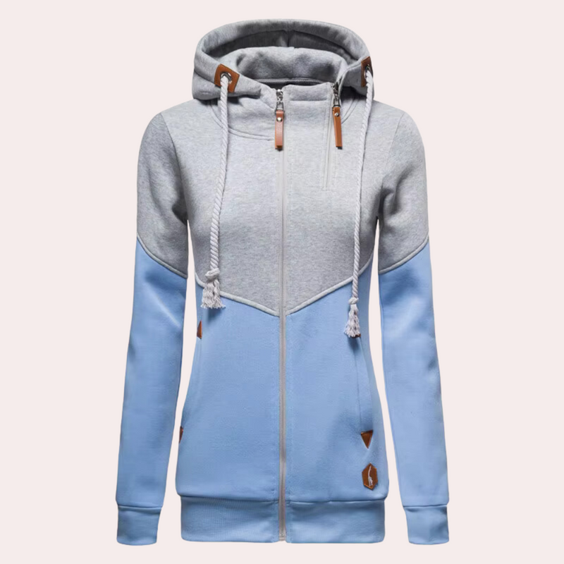 Grauer und blauer Damen-Hoodie mit Reißverschluss, Kapuze und Kordelzug, sportlich, bequem.