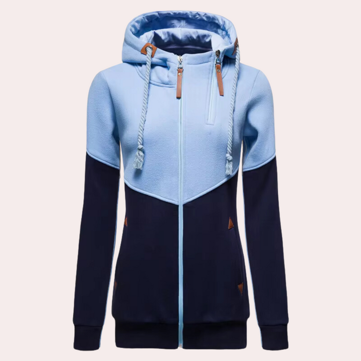 Damen Kapuzenpullover, zweifarbig hellblau und dunkelblau, Reißverschluss, Freizeitmode.