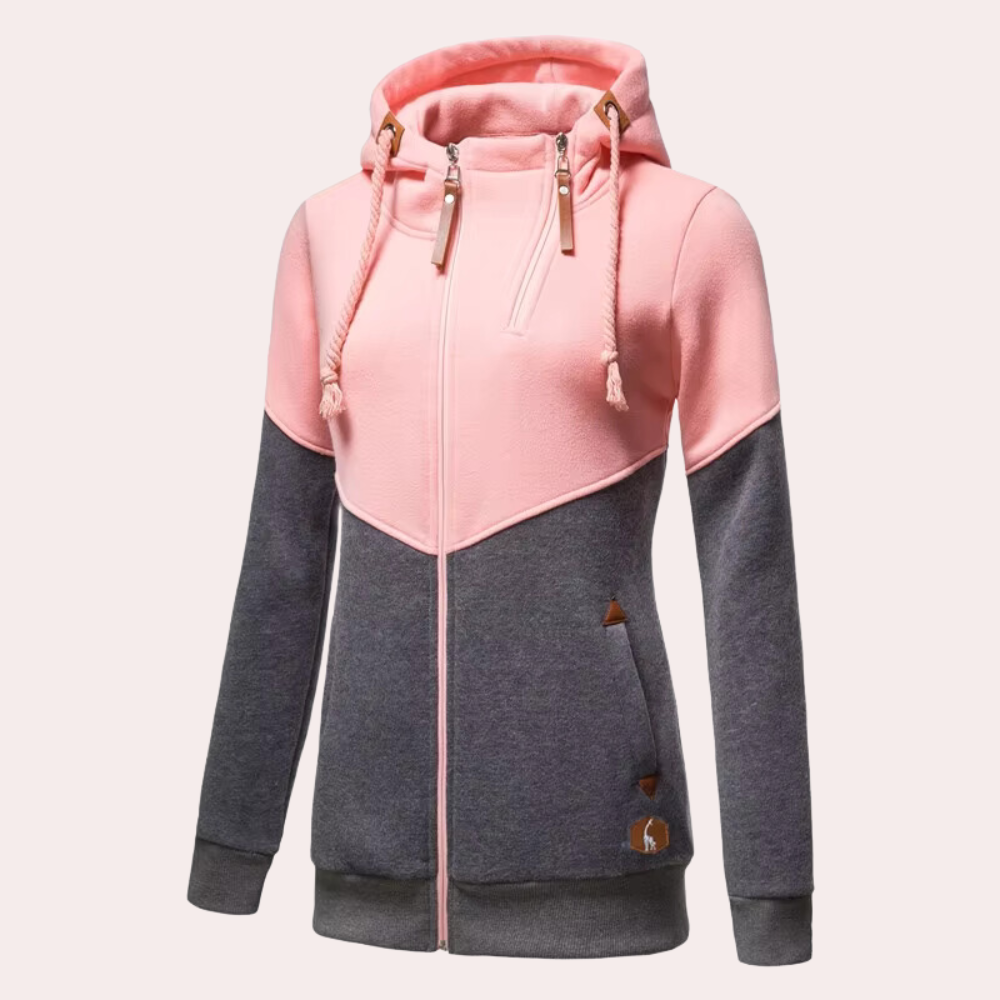 Damen Kapuzenpullover rosa-grau, Reißverschluss, Kordelzug, Freizeitmode, Baumwolle.