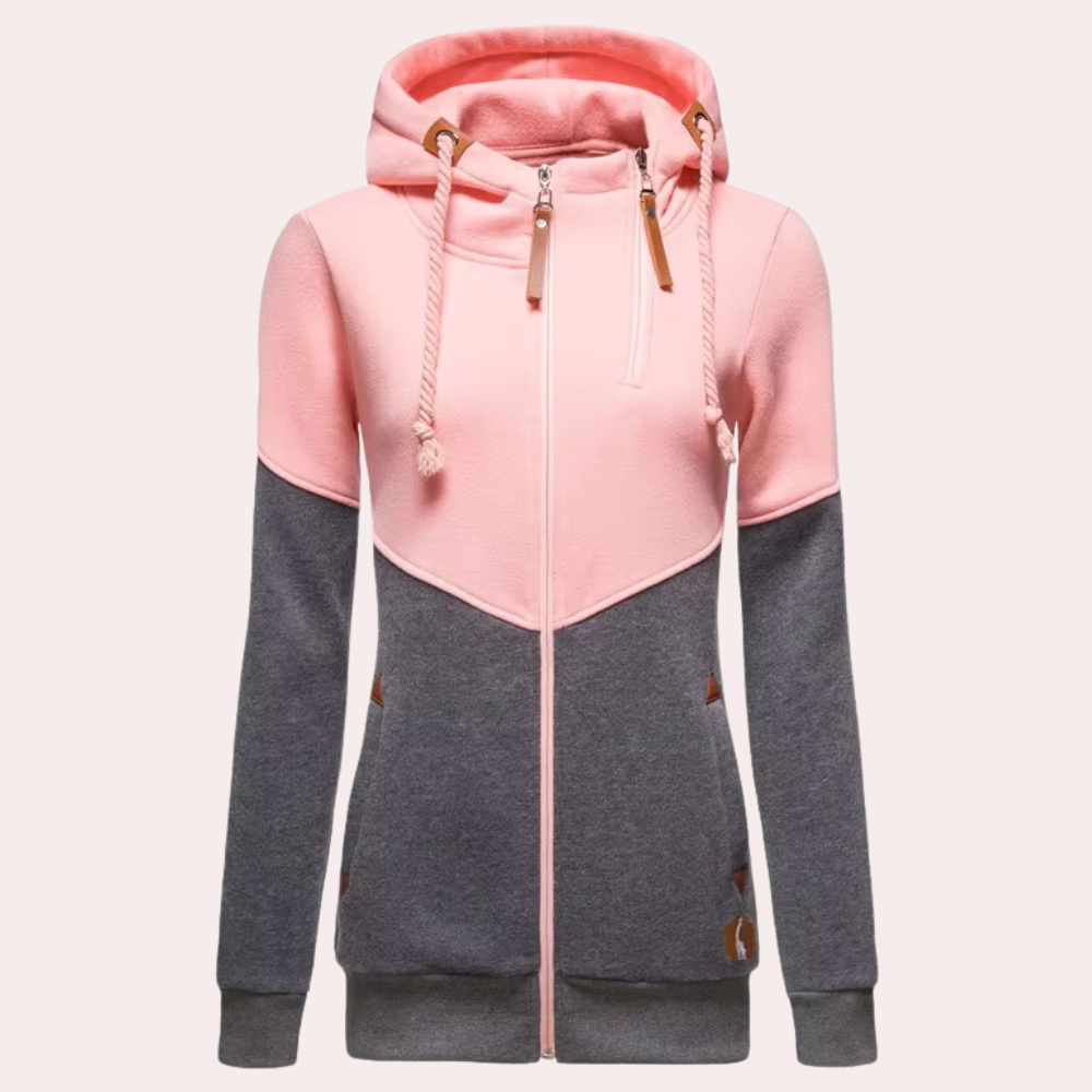 Damen Kapuzenpullover, rosa-grau, Reißverschluss, Kordelzug, Freizeitmode, Baumwolle.