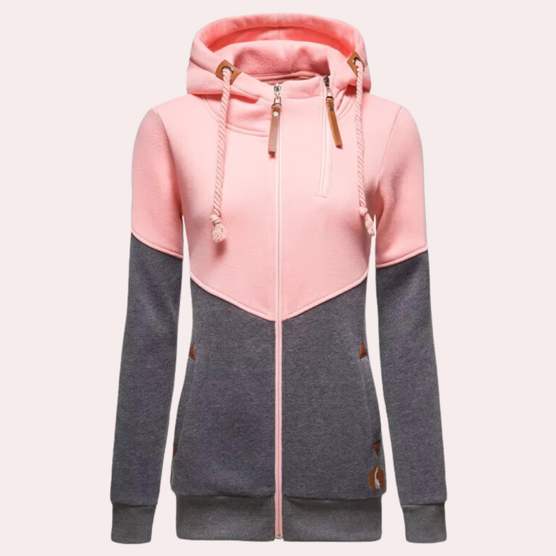 Damen Kapuzenpullover, rosa-grau, Reißverschluss, Kordelzug, Freizeitmode, Baumwolle.
