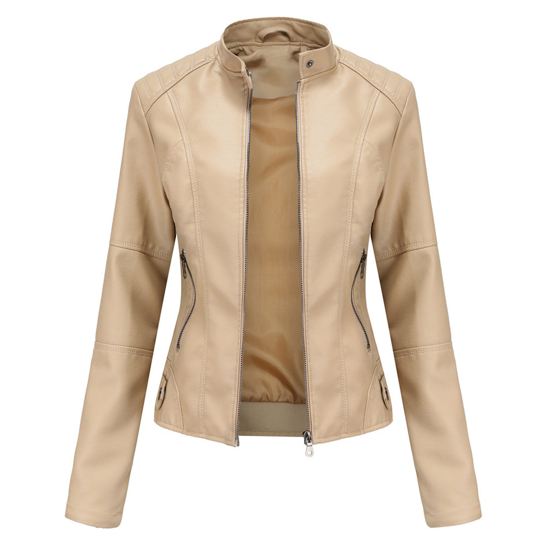 Beige Damen-Lederjacke, Reißverschluss, modisch, elegant, Herbstmode, Oberbekleidung.