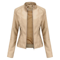 Beige Damen-Lederjacke, Reißverschluss, modisch, elegant, Herbstmode, Oberbekleidung.