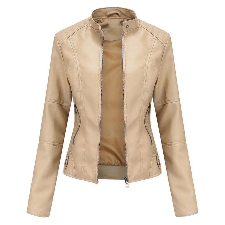 Beige Damen-Lederjacke, Reißverschluss, modisch, elegant, Herbstmode, Oberbekleidung.