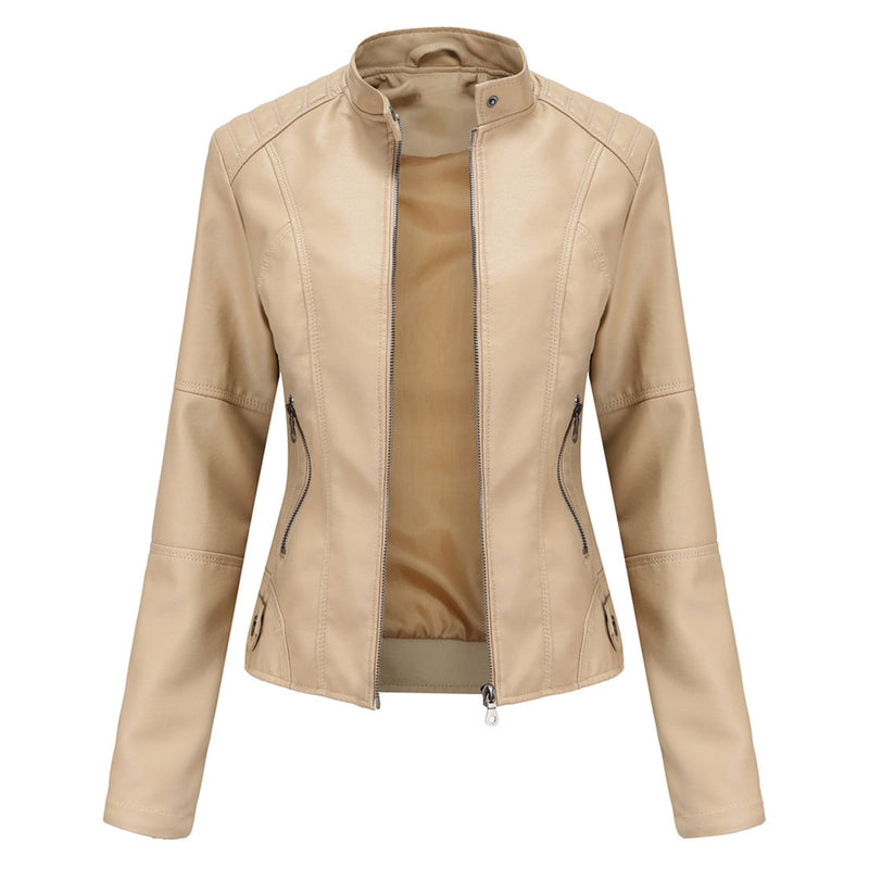 Beige Damen-Lederjacke, Reißverschluss, modisch, elegant, Herbstmode, Oberbekleidung.