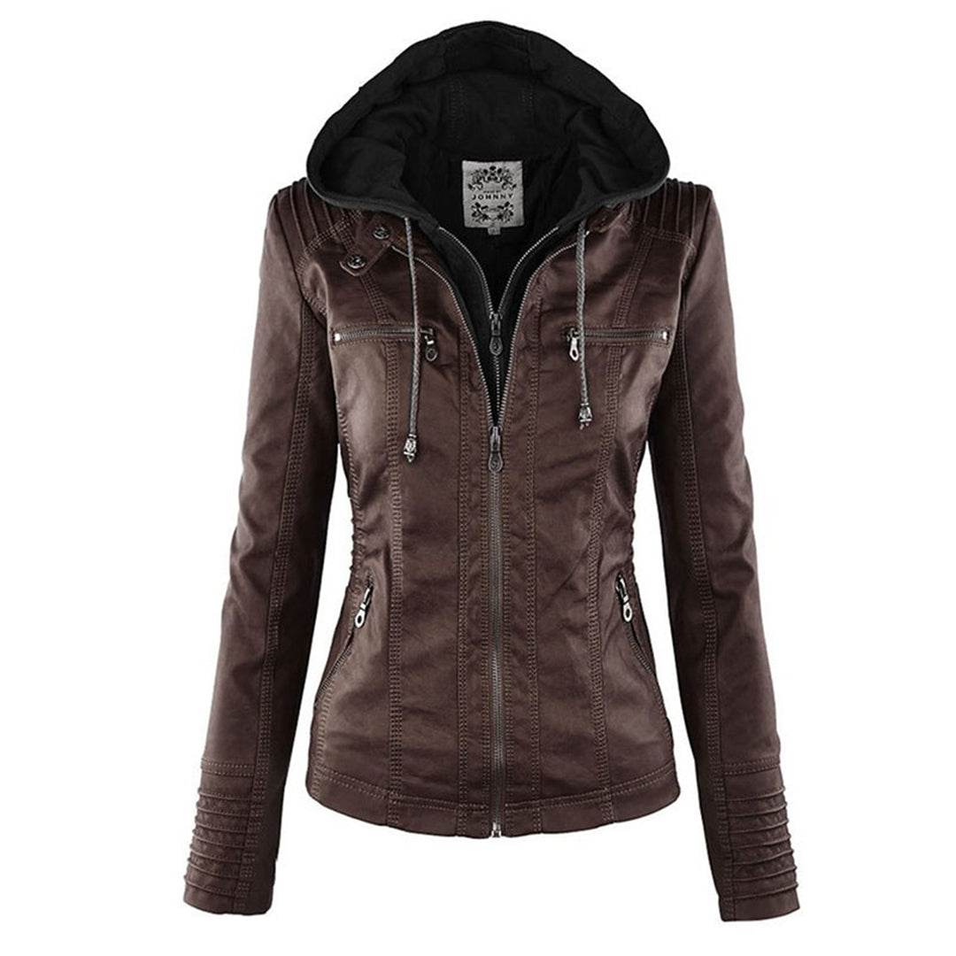 Damen Lederjacke braun mit Kapuze, Reißverschlüsse, modisch, Herbstmode, Freizeitkleidung.