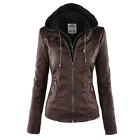 Damen Lederjacke braun mit Kapuze, Reißverschlüsse, modisch, Herbstmode, Freizeitkleidung.