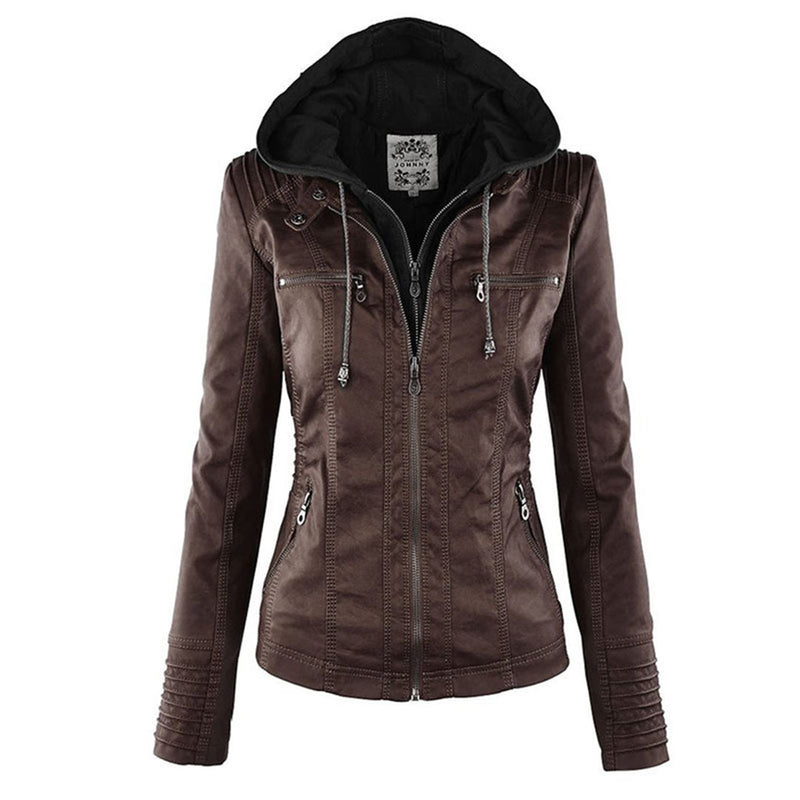 Damen Lederjacke braun mit Kapuze, Reißverschlüsse, modisch, Herbstmode, Freizeitkleidung.