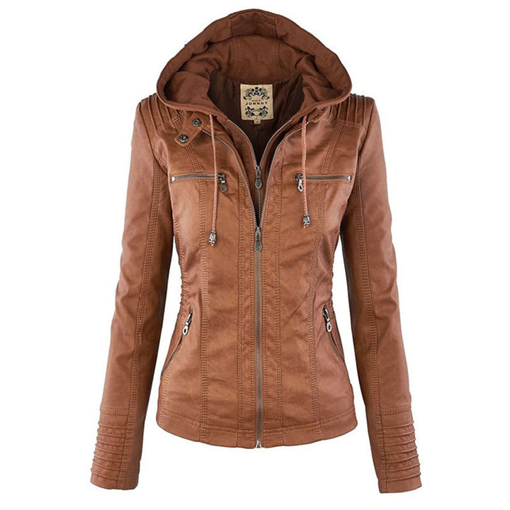 Damen Lederjacke braun mit Kapuze, Reißverschlüssen, modisch, Herbstmode, Freizeitkleidung.
