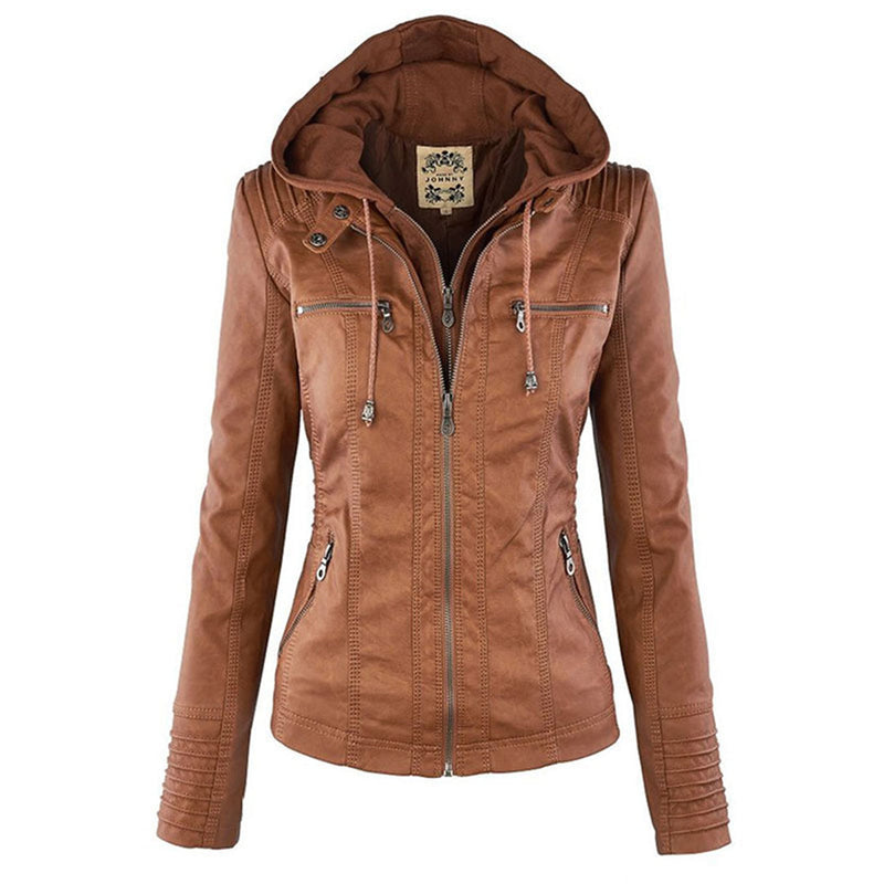 Damen Lederjacke braun mit Kapuze, Reißverschlüssen, modisch, Herbstmode, Freizeitkleidung.