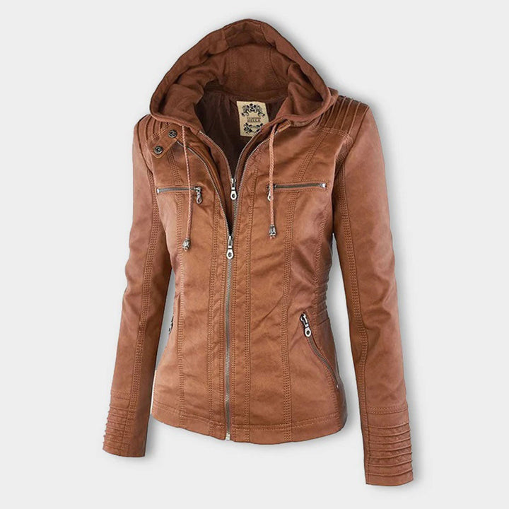 Damen Lederjacke braun mit Kapuze, Reißverschlüssen, modisch, Herbstmode, Freizeitkleidung.