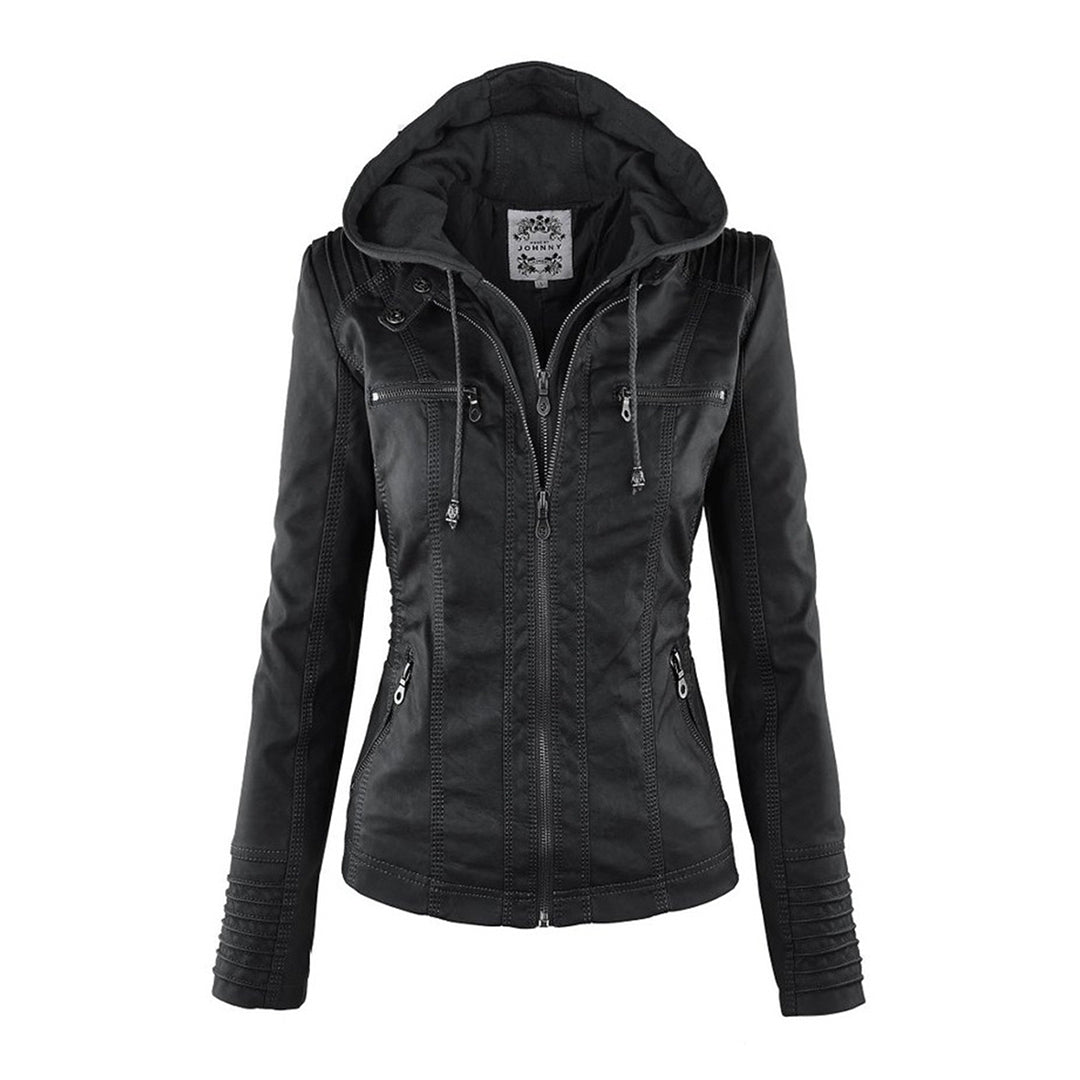 Damen Lederjacke schwarz mit Kapuze, Reißverschlüssen, modisch, Herbstmode, Freizeitkleidung.