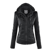 Damen Lederjacke schwarz mit Kapuze, Reißverschlüssen, modisch, Herbstmode, Freizeitkleidung.