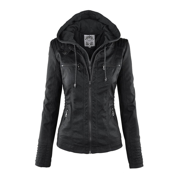 Damen Lederjacke schwarz mit Kapuze, Reißverschlüssen, modisch, Herbstmode, Freizeitkleidung.