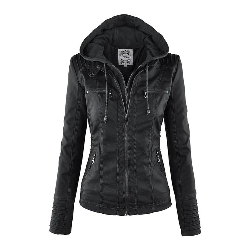 Damen Lederjacke schwarz mit Kapuze, Reißverschlüssen, modisch, Herbstmode, Freizeitkleidung.