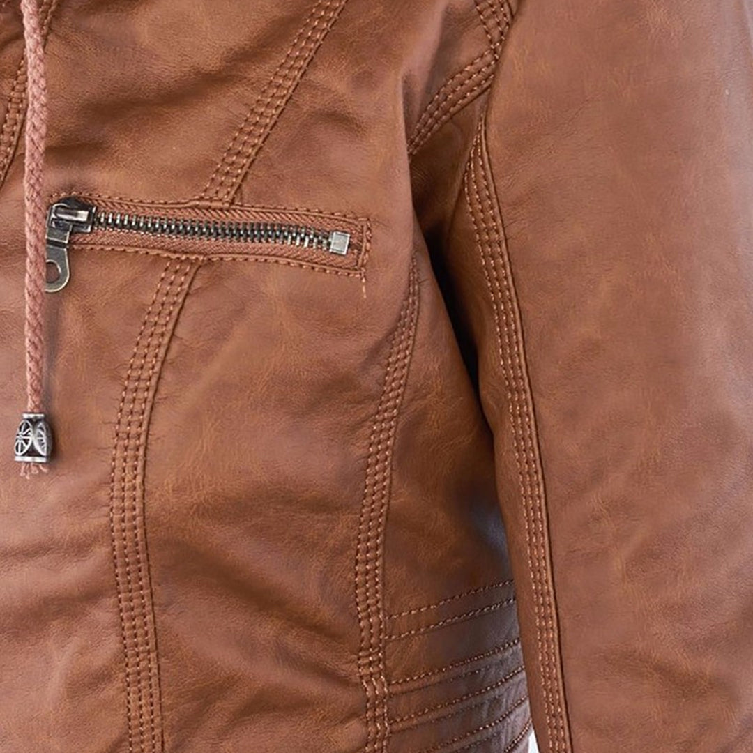 Braune Damen-Lederjacke mit Reißverschluss, modisch, hochwertig, ideal für den Sommer.