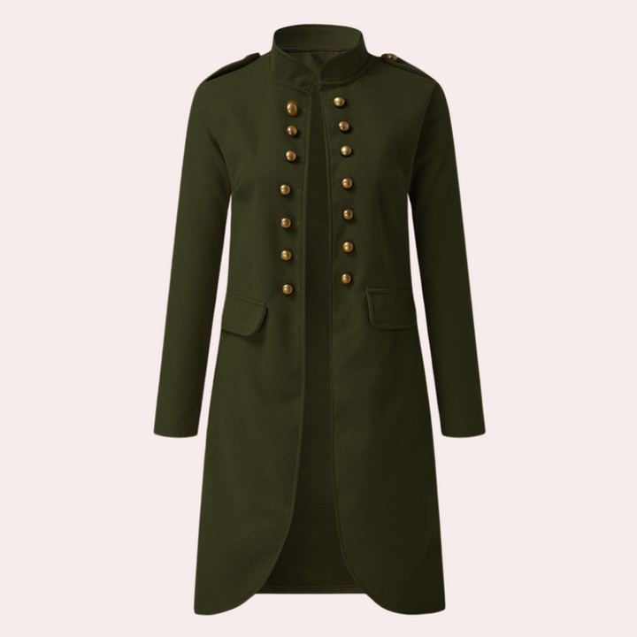Damenmantel Militärstil, olivgrün, Stehkragen, goldene Knöpfe, elegant, Herbstmode.