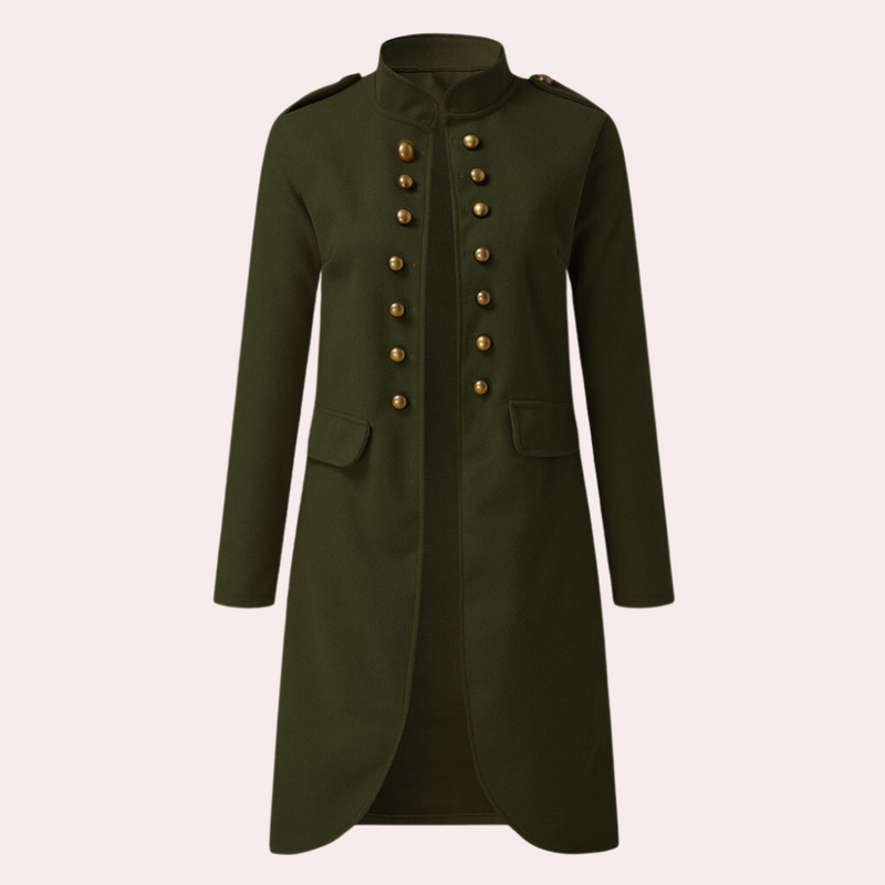 Damenmantel Militärstil, olivgrün, Stehkragen, goldene Knöpfe, elegant, Herbstmode.