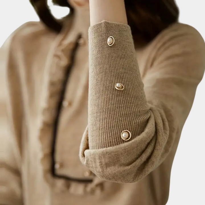 Damenpullover beige, Strick, Perlenknöpfe, elegantes Design, Herbstmode, Langarm.