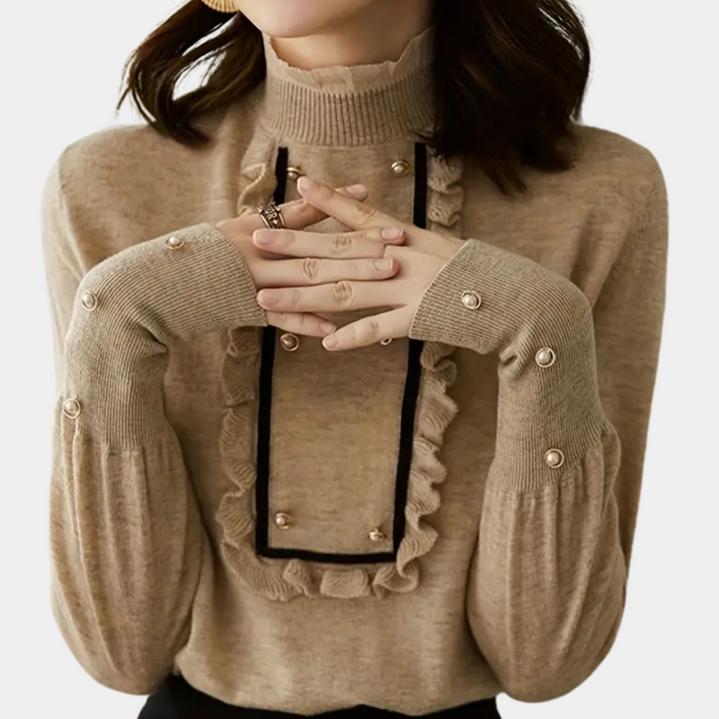 Damenpullover beige mit Perlen, Rüschen, Stehkragen, Langarm, elegant, modisch, Herbstmode.