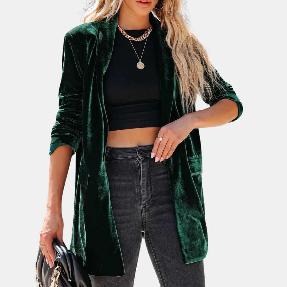 Dunkelgrüner Samtblazer für Damen, elegant, modisch, ideal für Herbstmode.