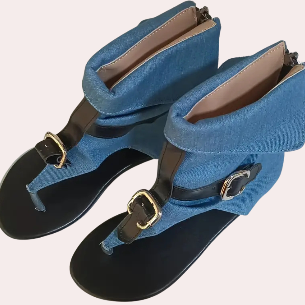 Damen Sandalen, blau, Jeansstoff, Zehentrenner, Schnallenverschluss, modisch, bequem.