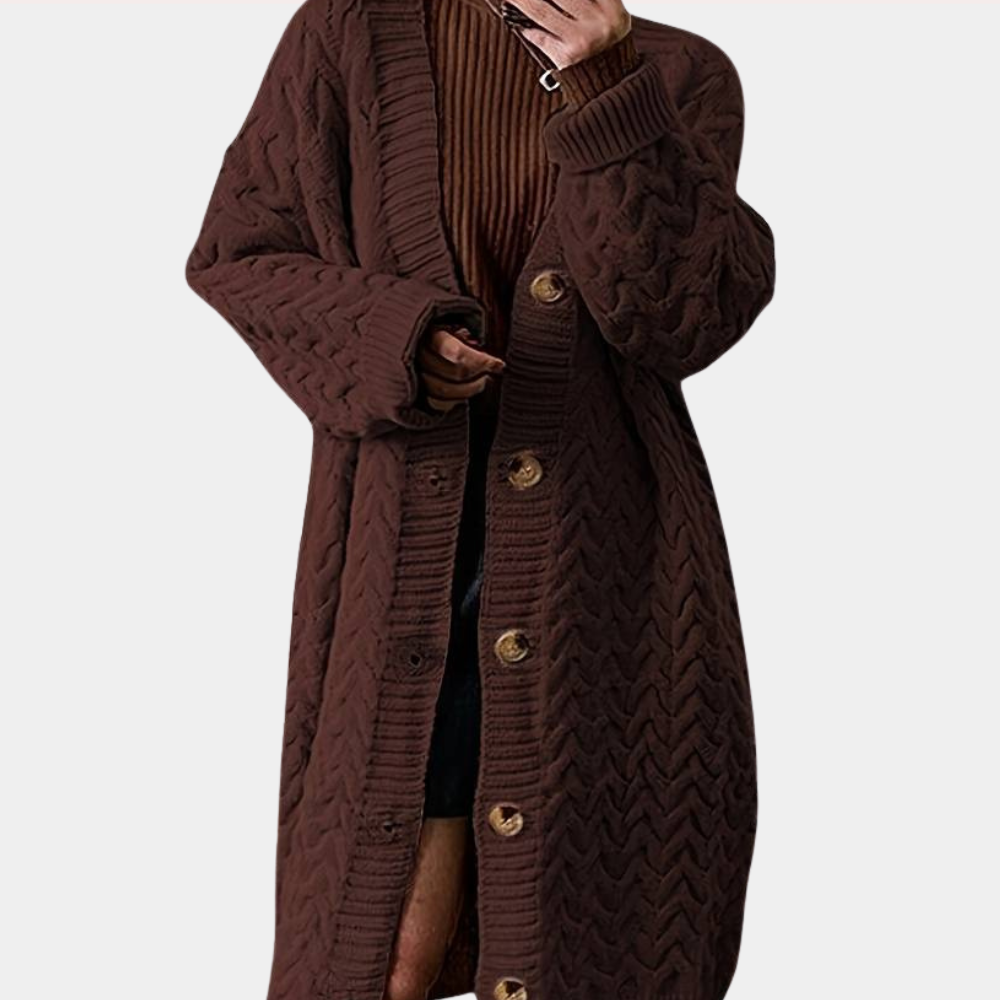 Damen Strickjacke braun, grob gestrickt, lange Ärmel, Knopfleiste, Herbstmode, gemütlich.