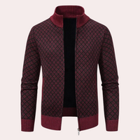 Bordeauxfarbener Strickjacke mit Reißverschluss, geometrisches Muster, Herrenmode, Winterkleidung.