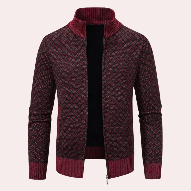 Bordeauxfarbener Strickjacke mit Reißverschluss, geometrisches Muster, Herrenmode, Winterkleidung.